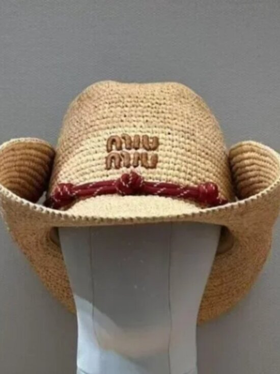 MIU MIU Accessories - Miu Miu Women's Elegant Beige Straw Hat with Striking Red Bow